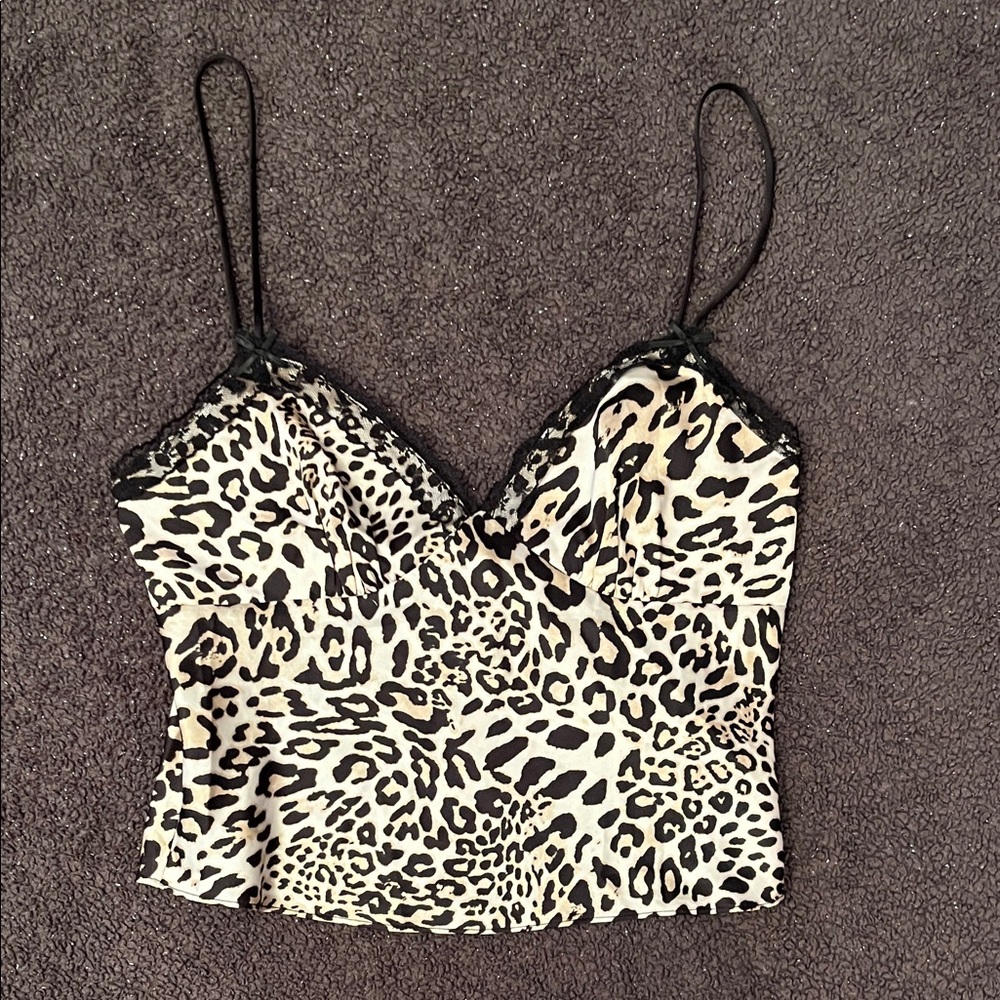Cotton Candy Leopard Print Lace Silky Women's Cropped Camisole side zipper